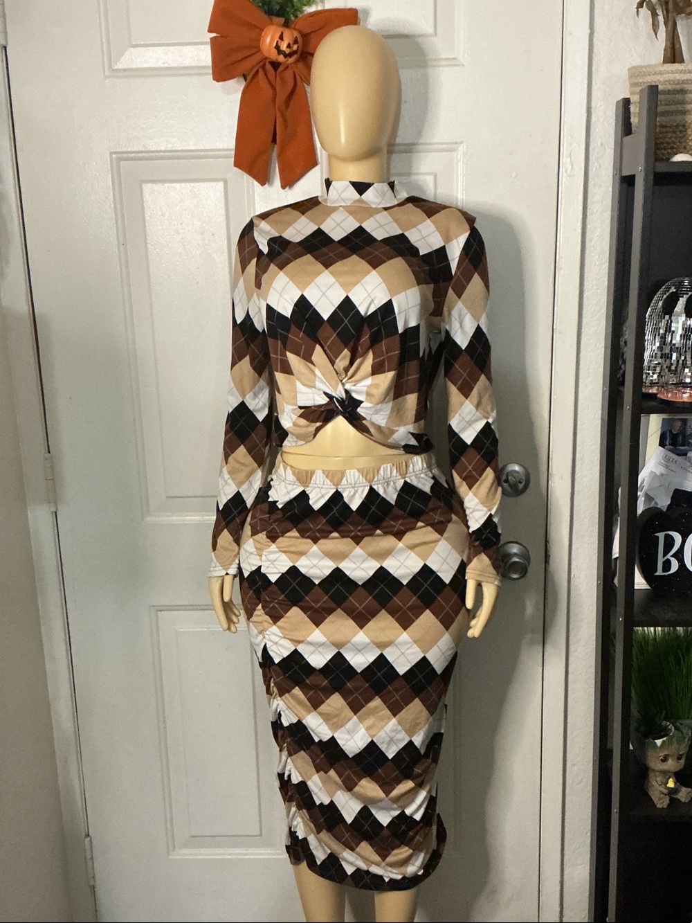 Argyle Print Midi Skirt Set - Brown & Cream